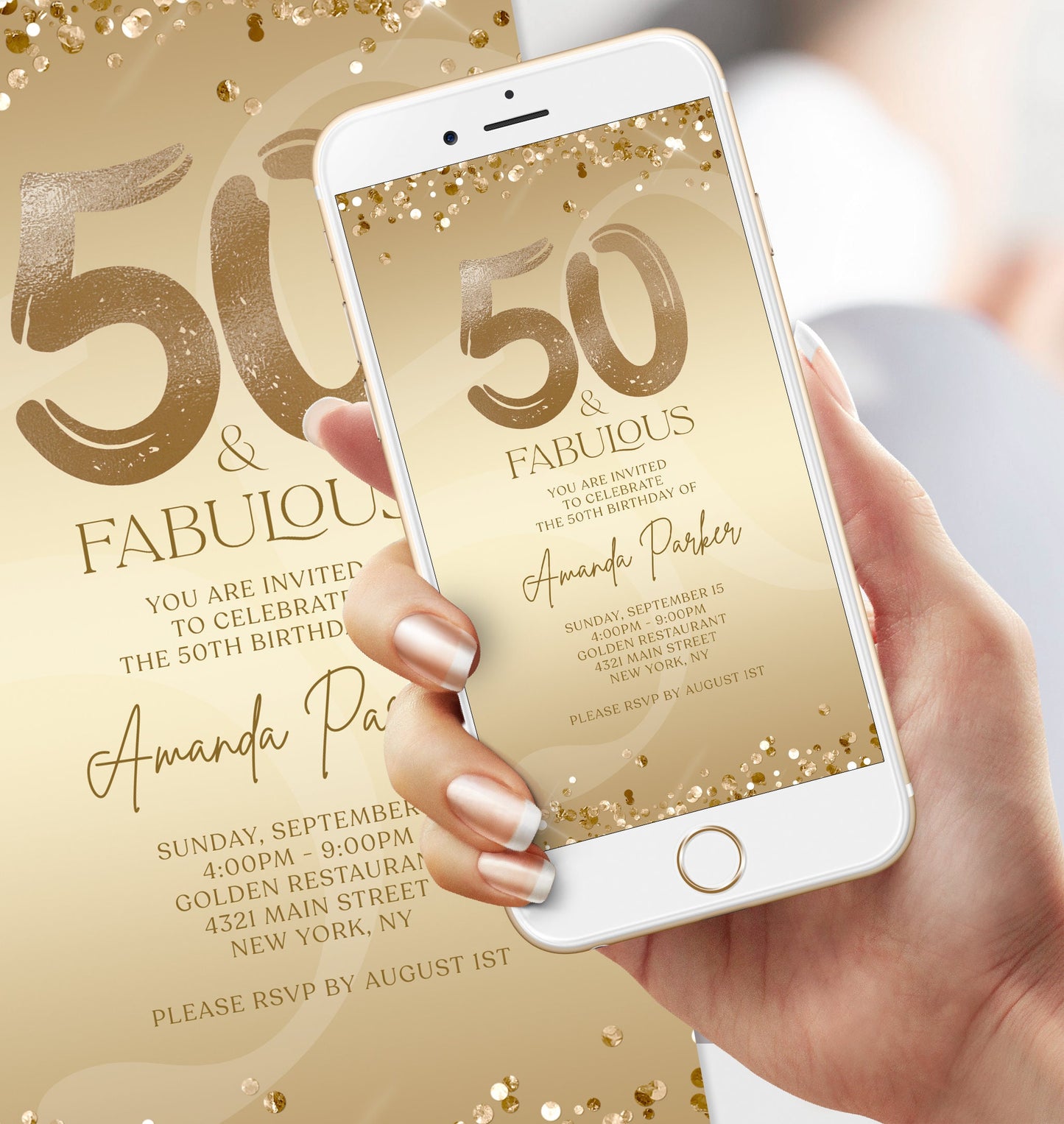 Digital Fifty and Fabulous Dinner Party Invite, 50th Birthday Invitation, Editable Gold Ladies Evite, Electronic Phone Text Message Evite