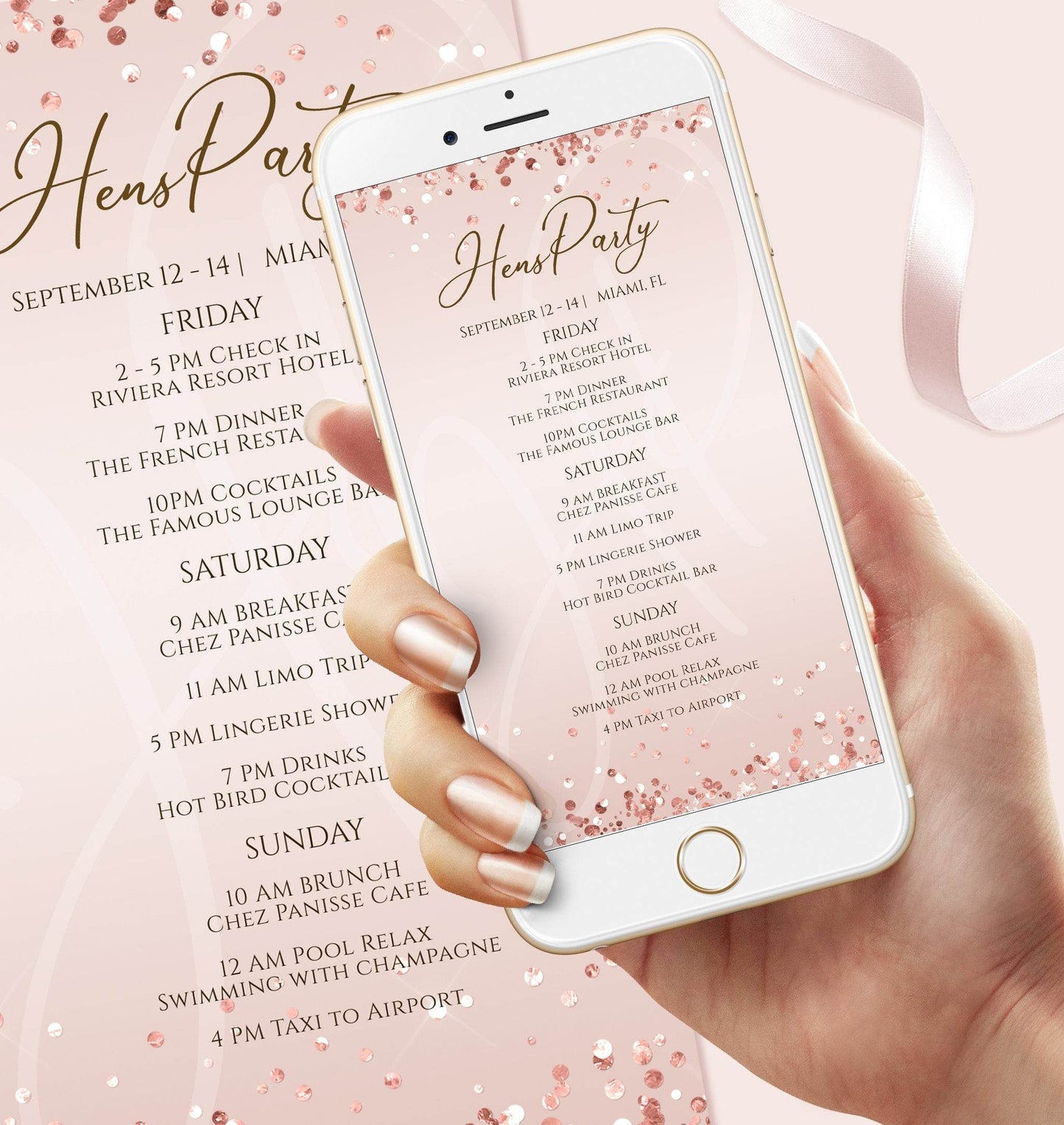 Rose Gold Digital Hens Party Weekend Itinerary Template – Editable Electronic Schedule for Birthday, Bachelorette, or Wedding | Text Message Evite | Instant Download