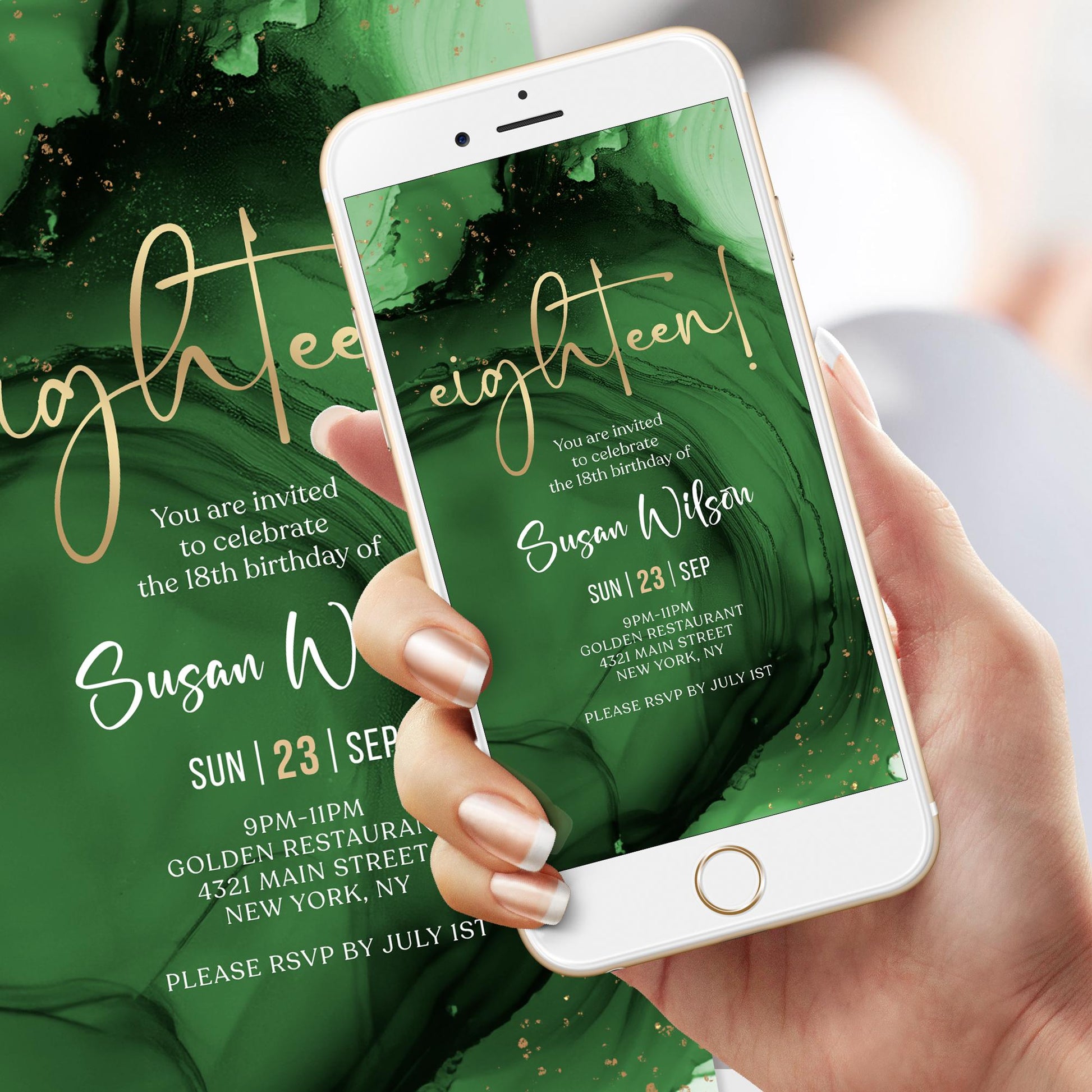 18th Birthday Invitation Template - Green Emerald Gold Design | Instant Download