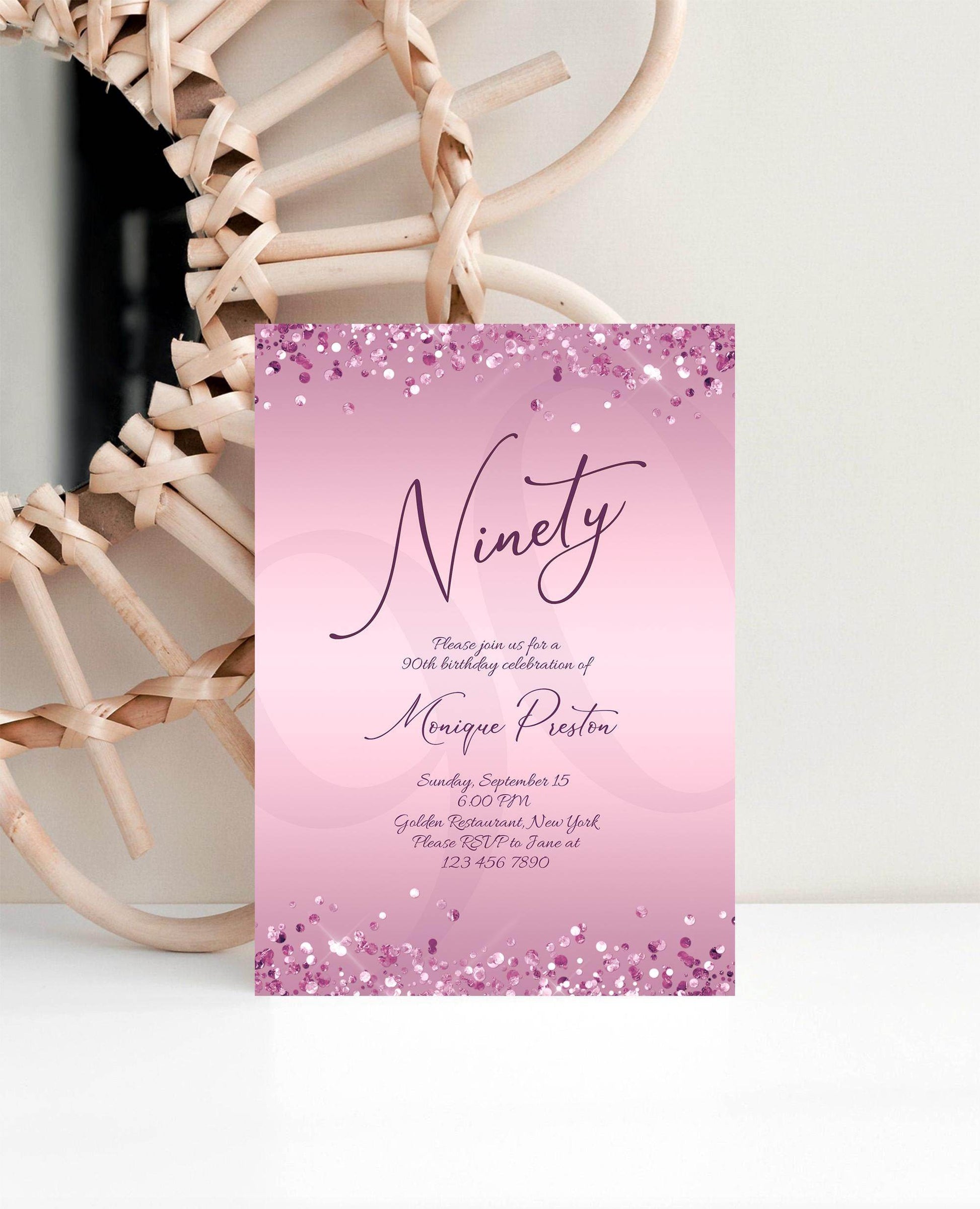 Printable 90th Birthday Invitation Template, Editable Purple Lavender Birthday Party Invite, Luxury Email Text Message Card, Instant Download