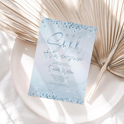 Surprise Party Invitation Template | Blue & Silver Foil Editable Birthday Invite | Any Age Printable Evite | Shhh It’s a Surprise | Text or Email Card