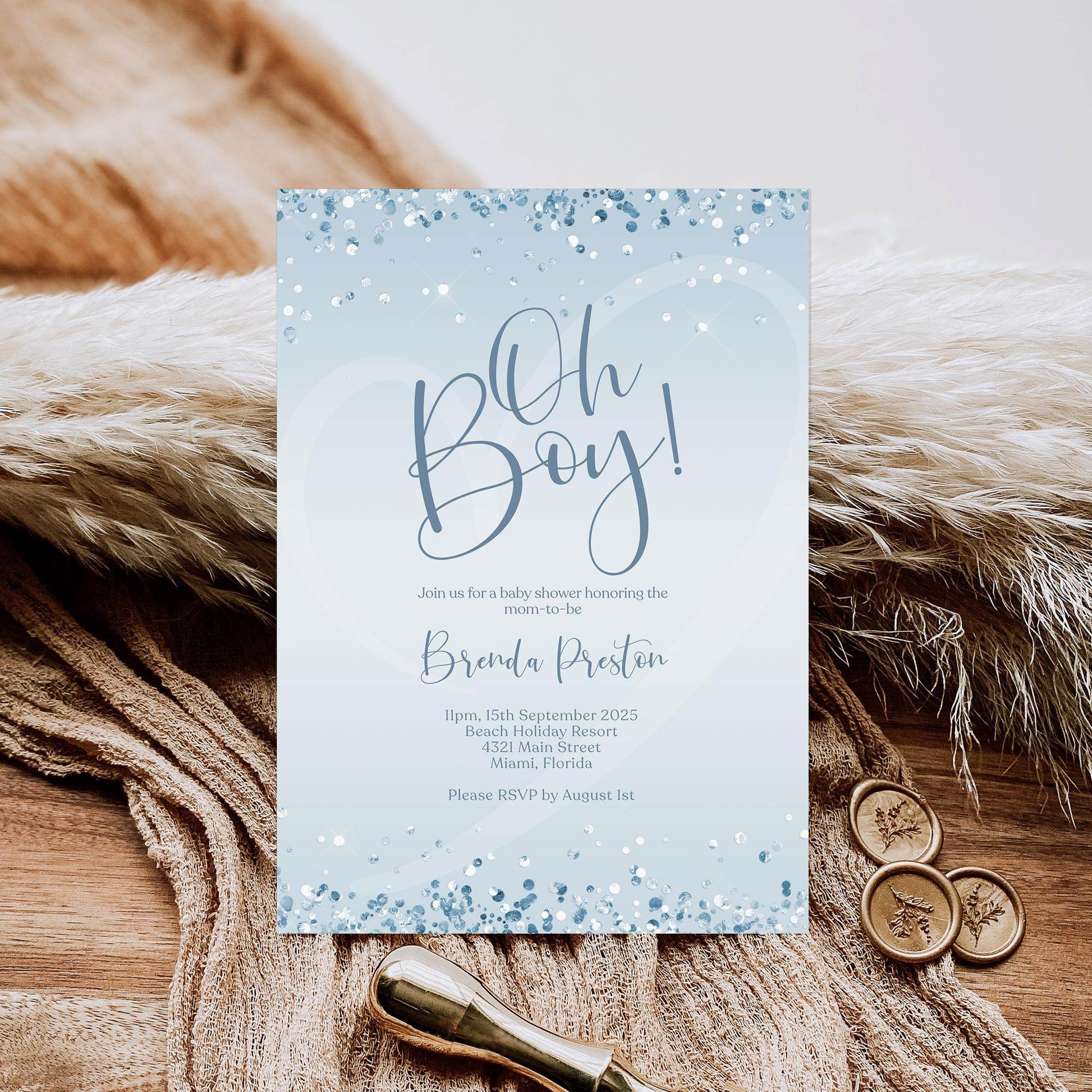 Blue Silver Oh Boy Baby Shower Invitation Template | Editable Boy Baby Shower Invite | Modern Printable Invitation | Digital Download Card