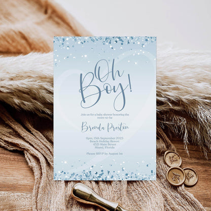 Blue Silver Oh Boy Baby Shower Invitation Template | Editable Boy Baby Shower Invite | Modern Printable Invitation | Digital Download Card