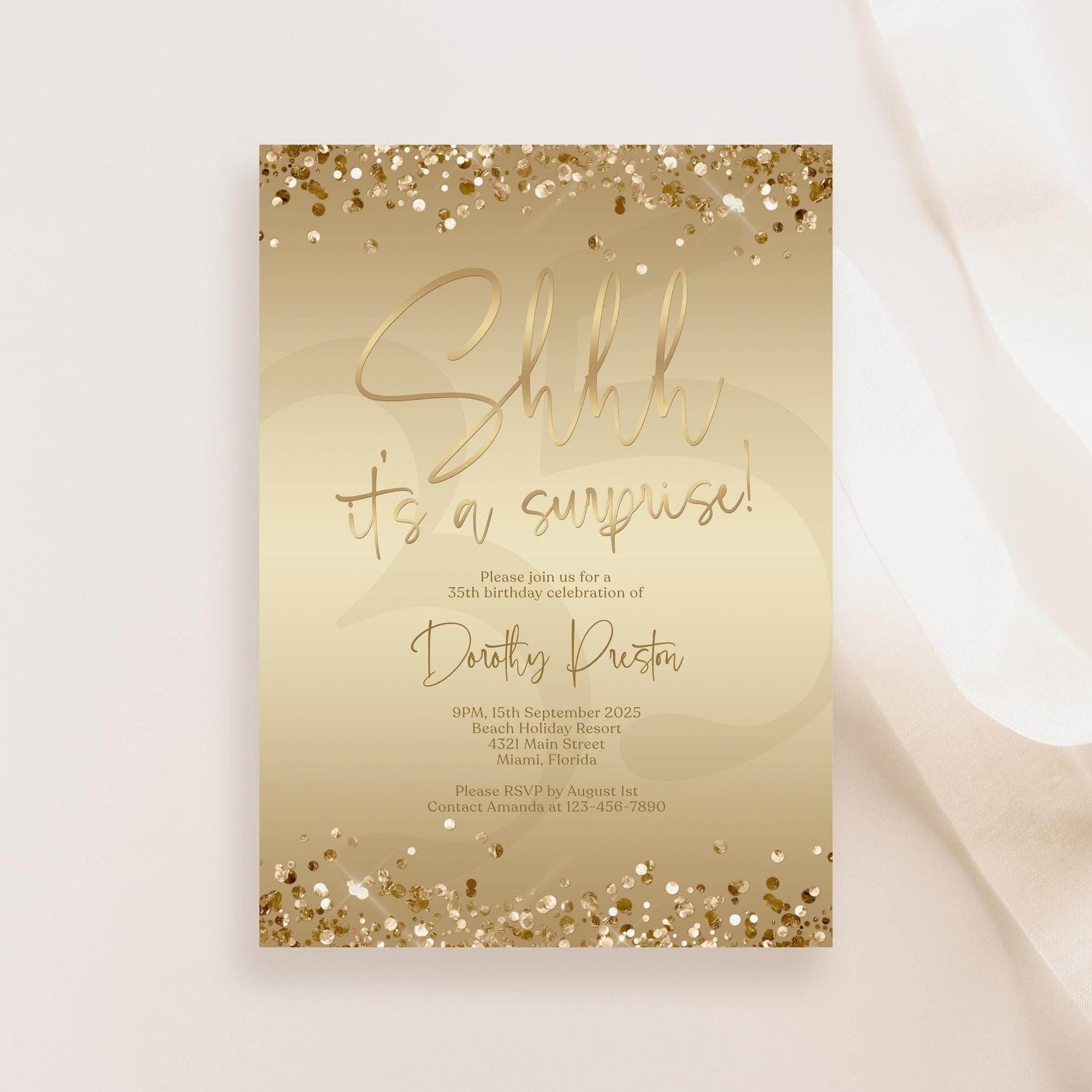 Surprise Party Invitation Template | Editable Gold Foil Birthday Invite | Shhh It’s a Surprise Card | Any Age Printable Evite | Text or Email