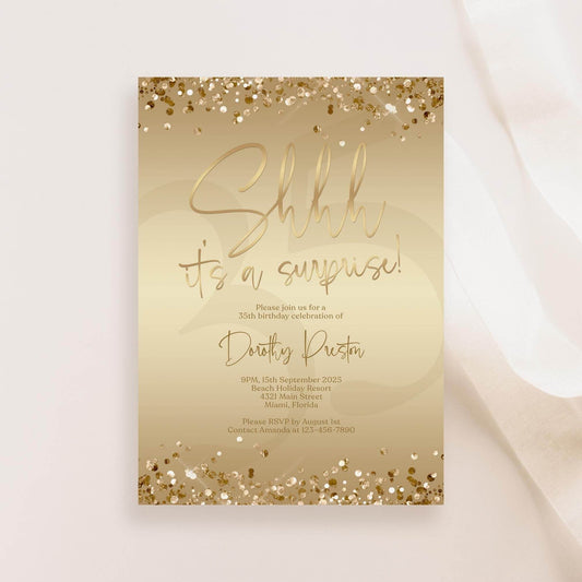 Surprise Party Invitation Template | Editable Gold Foil Birthday Invite | Shhh It’s a Surprise Card | Any Age Printable Evite | Text or Email