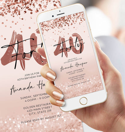 Electronic 40th Birthday Invitation Template, Digital Rose Gold Confetti Evite, Editable Girls Party Invite, Email Text Message Download