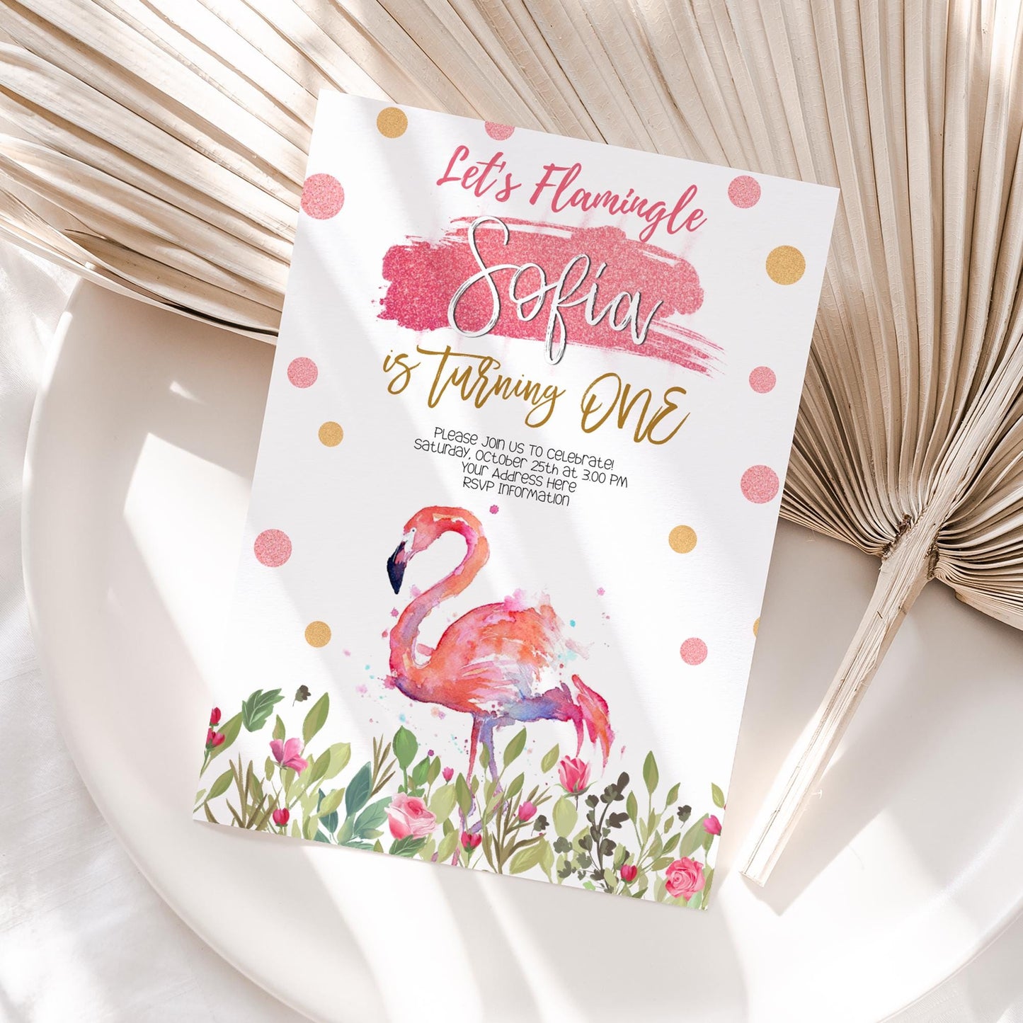 1st Birthday Flamingo Invitation Template - Instant Download