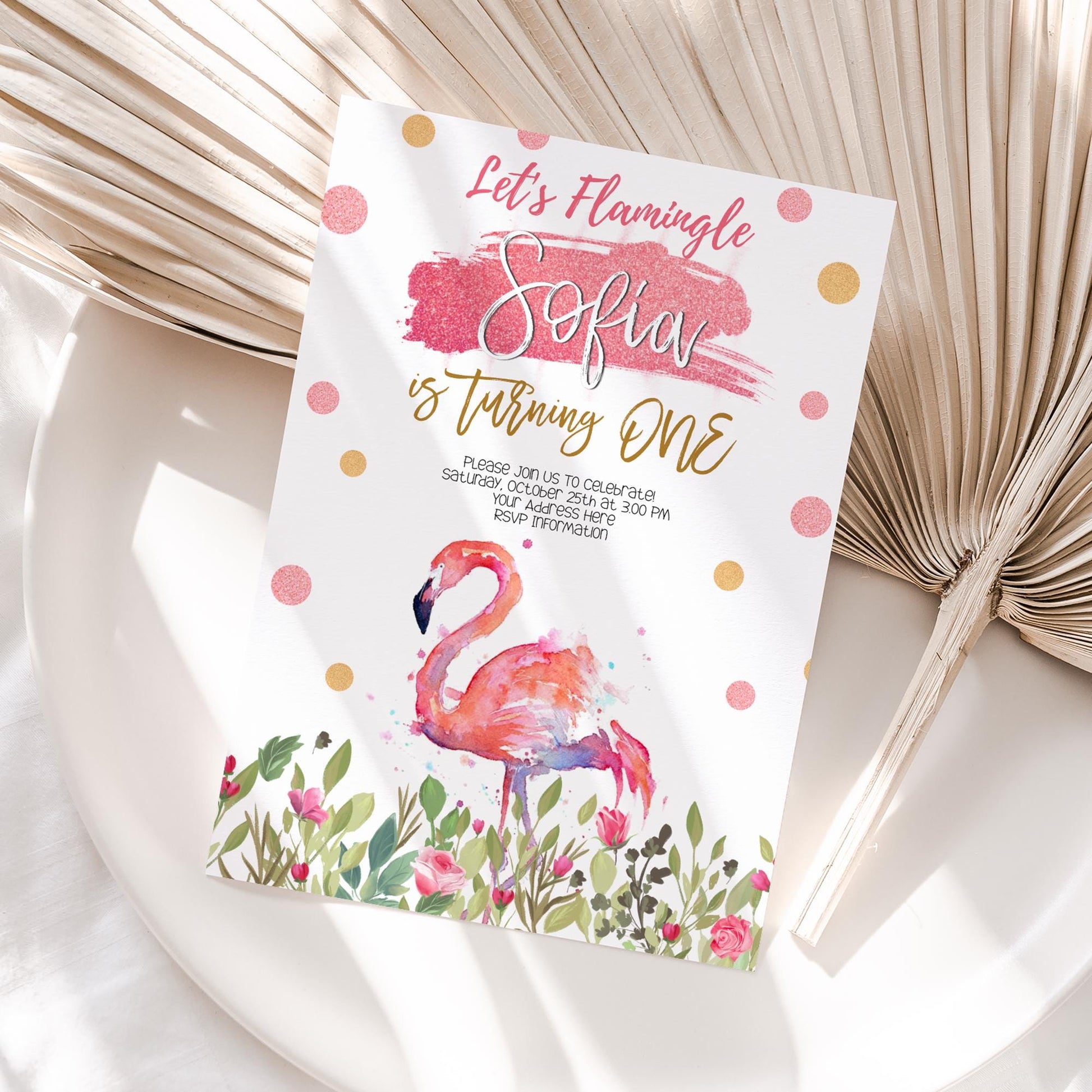 1st Birthday Flamingo Invitation Template - Instant Download