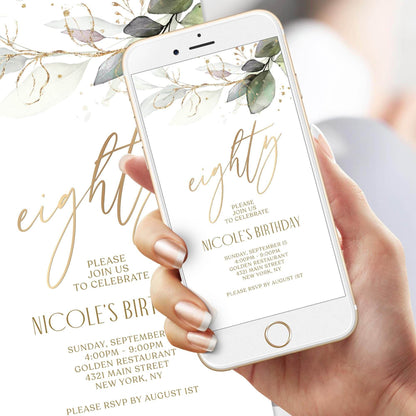 Editable 80th Birthday Invitation Template, Digital Greenery Boho Party Invite, Text Message Evite for Phone, Instant Download