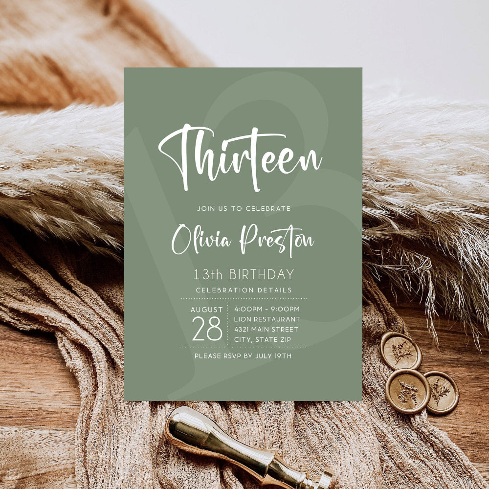 Simple Sage Green 13th Birthday Invitation Template