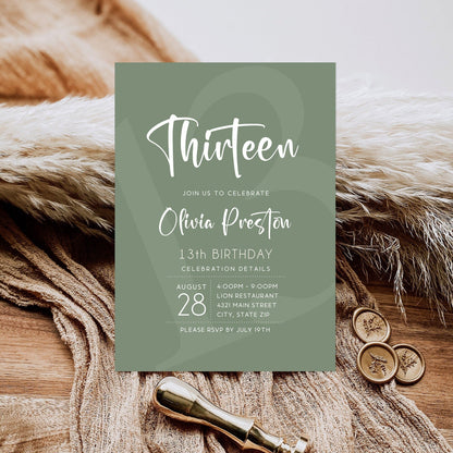 Simple Sage Green 13th Birthday Invitation Template