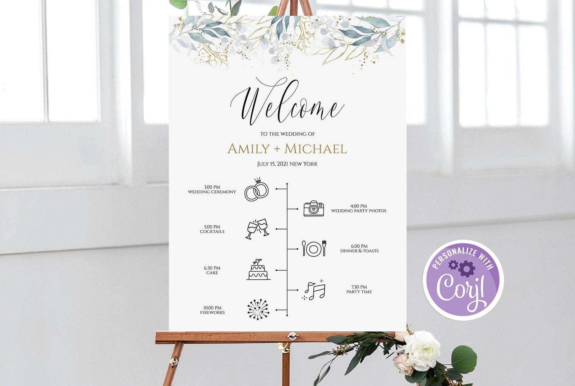 Greenery Wedding Timeline Sign Template, Wedding Day Schedule Poster, Editable Infographic Sign, Instant Download, Printable Timeline