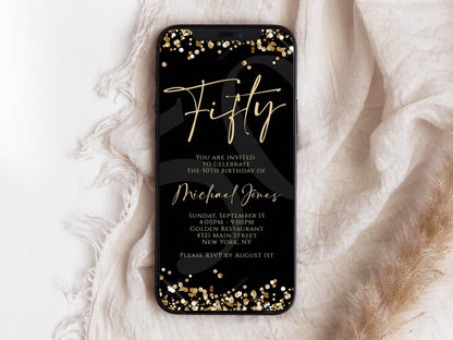 Digital Black Gold 50th Birthday Invitation Template, Editable Text Message Evite, Electronic Modern Fifty Birthday Party Invite