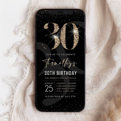 Luxury Digital 30th Birthday Evite Invitation Template, Electronic Black Gold Modern Invite, Editable Email and Text Message Phone Invitation
