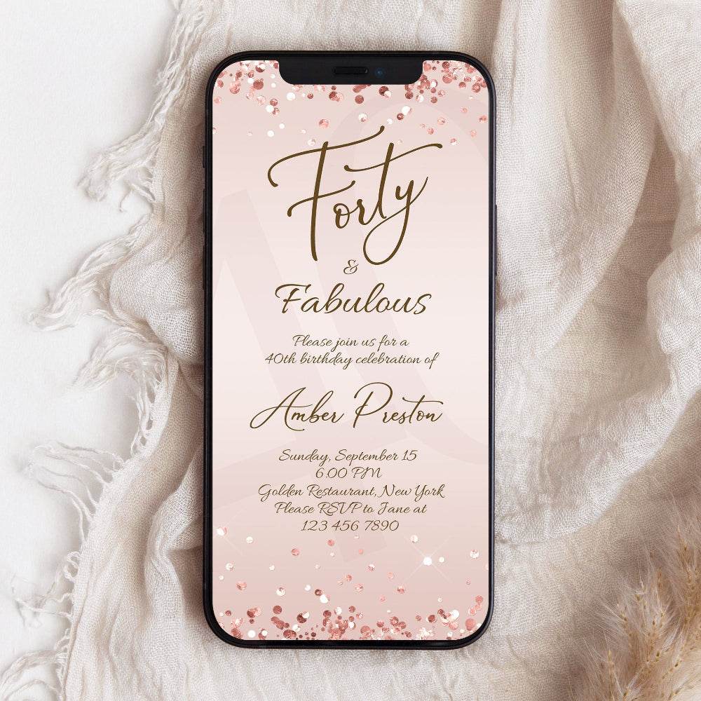 Forty and Fabulous Dinner Party Invitation – Editable Rose Gold 40th Birthday Template for Her | Ladies Phone Evite | Custom Text Message Invite | Instant Download