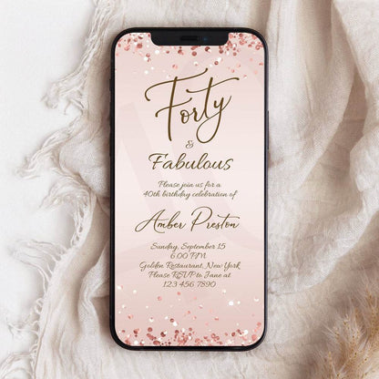 Forty and Fabulous Dinner Party Invitation – Editable Rose Gold 40th Birthday Template for Her | Ladies Phone Evite | Custom Text Message Invite | Instant Download