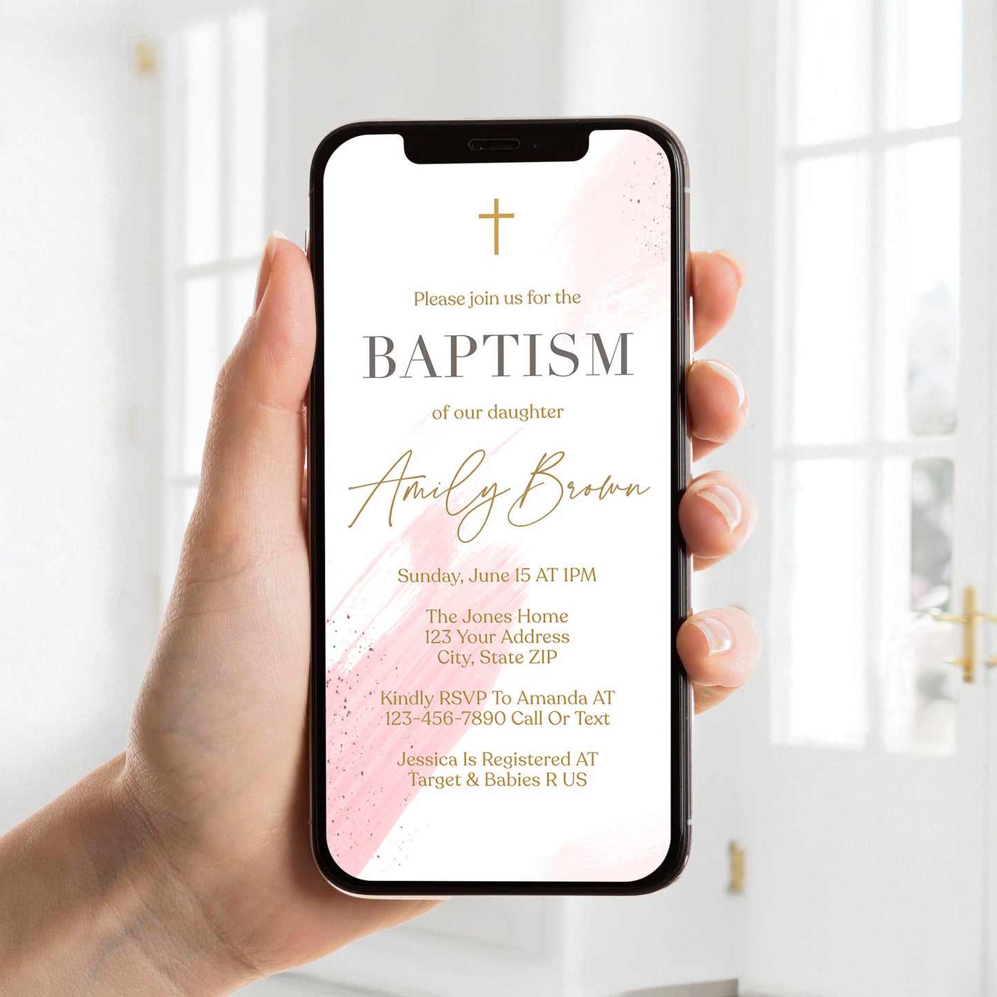 Digital Baptism Invitation Template for Girls | Pink Watercolor Christening Evite | Editable Electronic Invite | Text Message Baptism Card | Instant Download