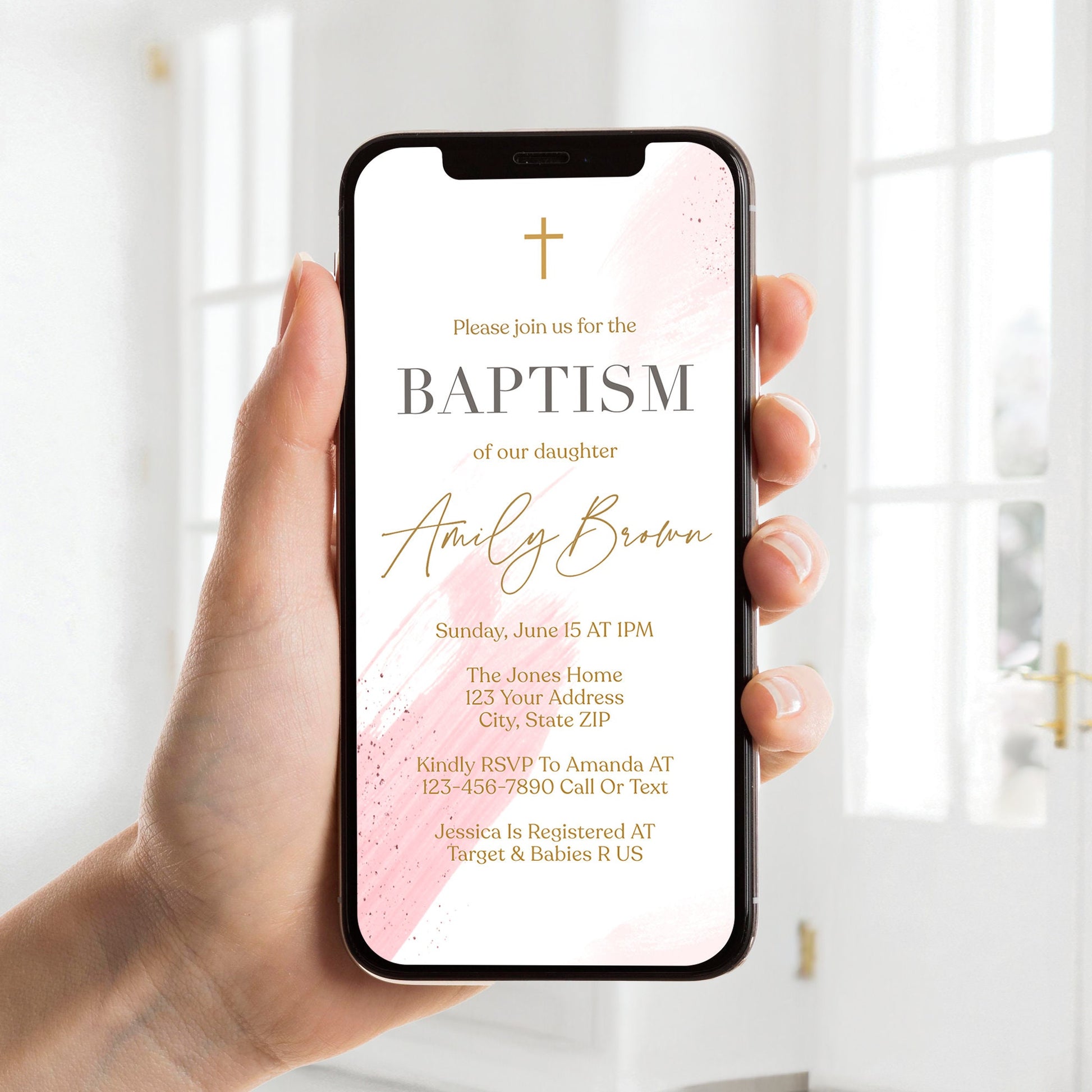 Digital Baptism Invitation Template for Girls | Pink Watercolor Christening Evite | Editable Electronic Invite | Text Message Baptism Card | Instant Download