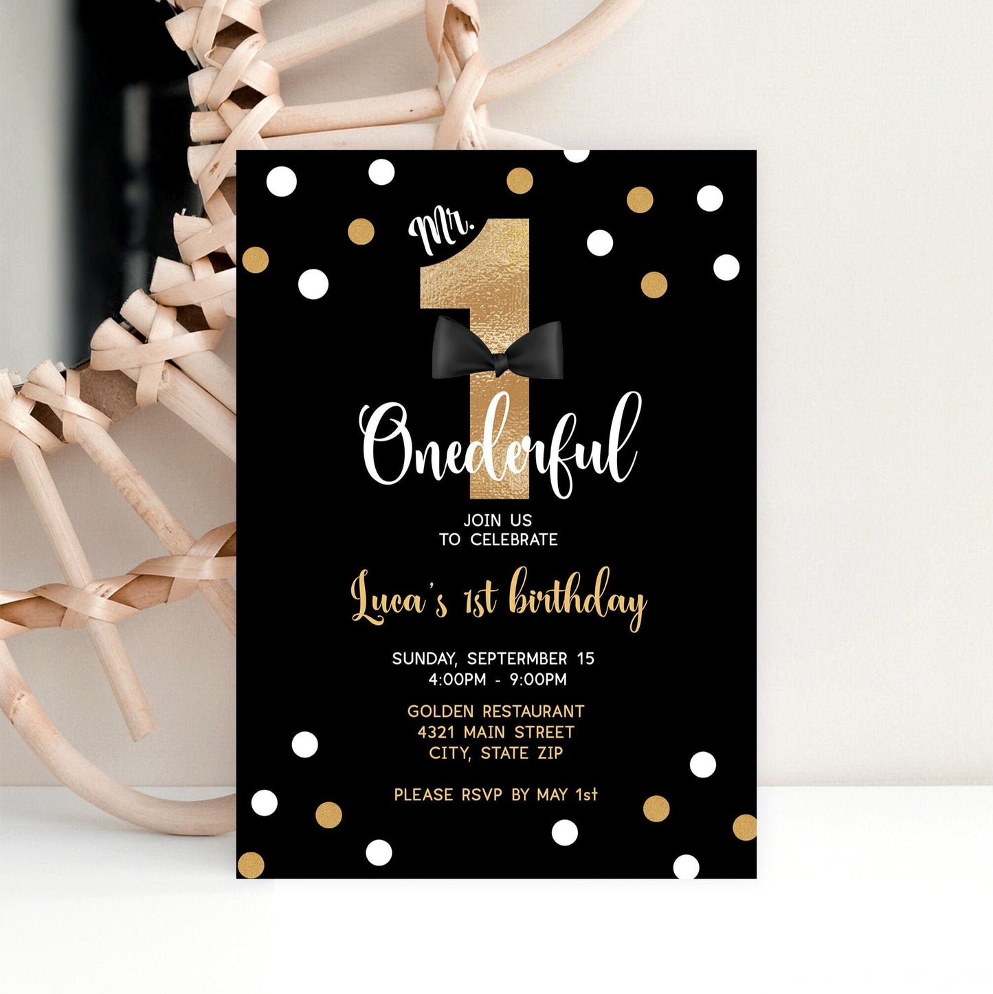 Mr. ONEderful First Birthday Invitation | Black & Gold Editable Template | Printable 1st Birthday Invite for Boy | Instant Download | Text & Email Friendly