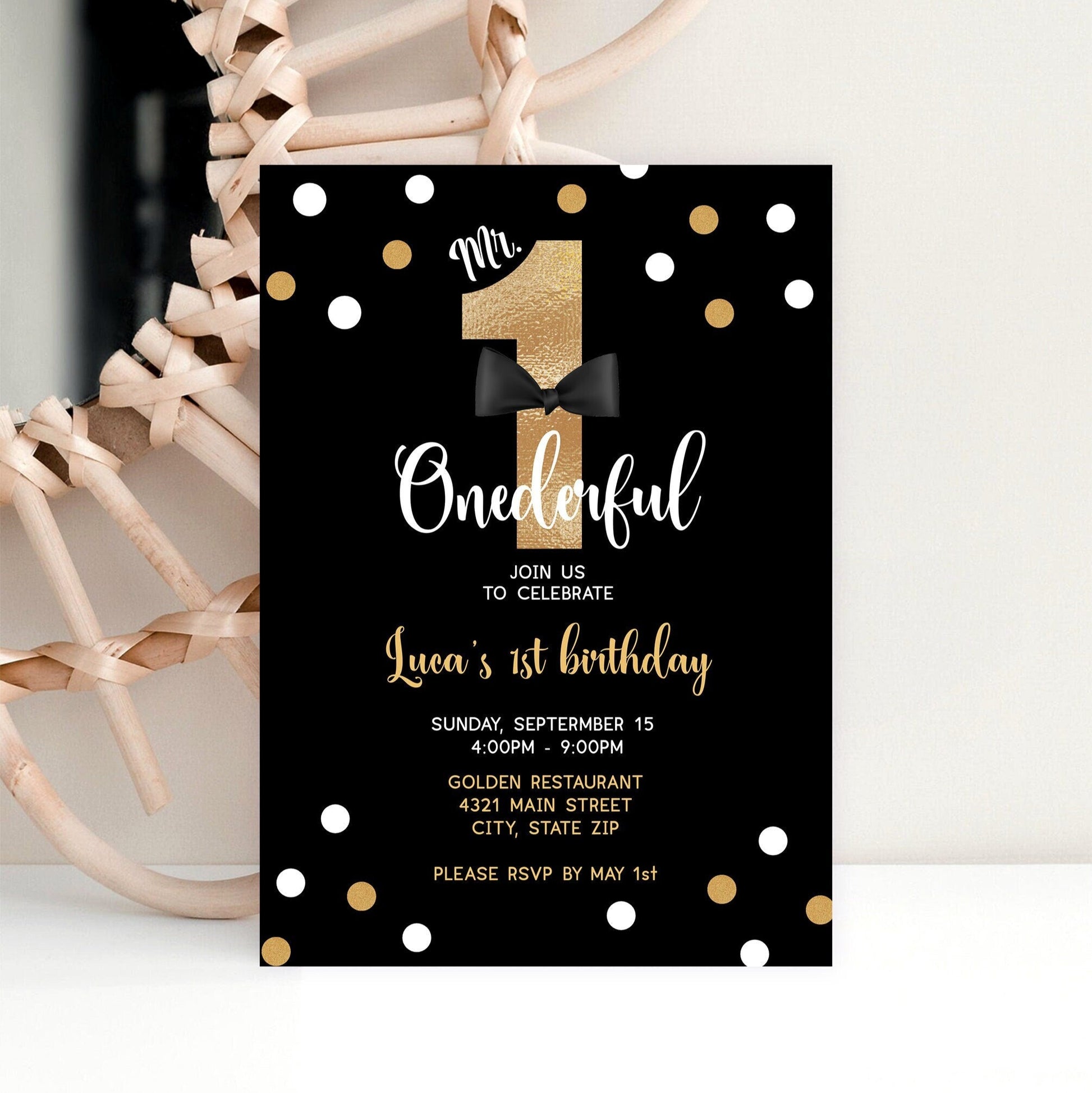 Mr. ONEderful First Birthday Invitation | Black & Gold Editable Template | Printable 1st Birthday Invite for Boy | Instant Download | Text & Email Friendly
