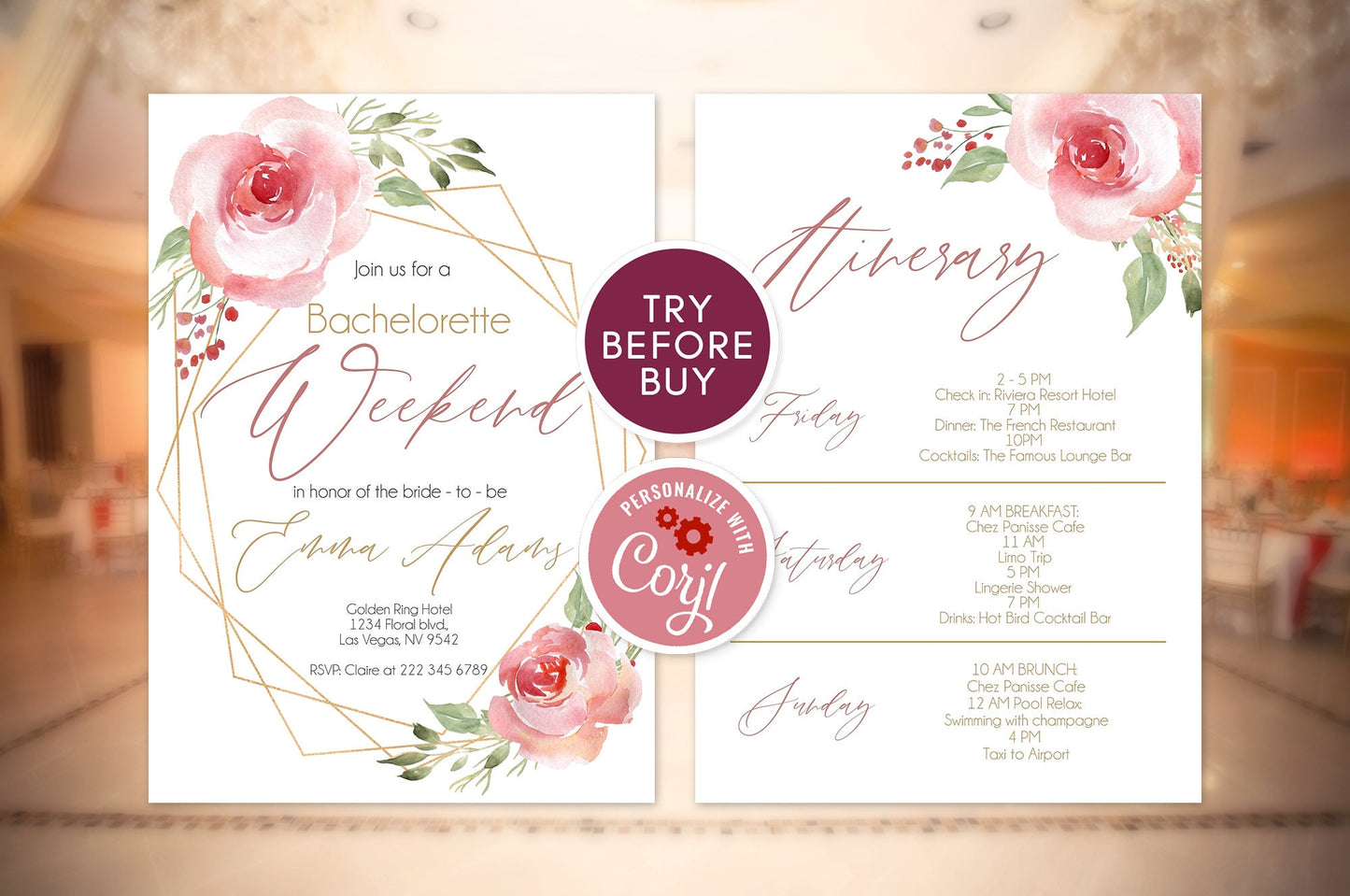 Burgundy Bachelorette Weekend Itinerary Invitation, Blush Floral Bachelorette Party Template, Editable Geometric Invite, Instant Download