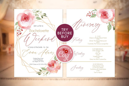 Burgundy Bachelorette Weekend Itinerary Invitation, Blush Floral Bachelorette Party Template, Editable Geometric Invite, Instant Download