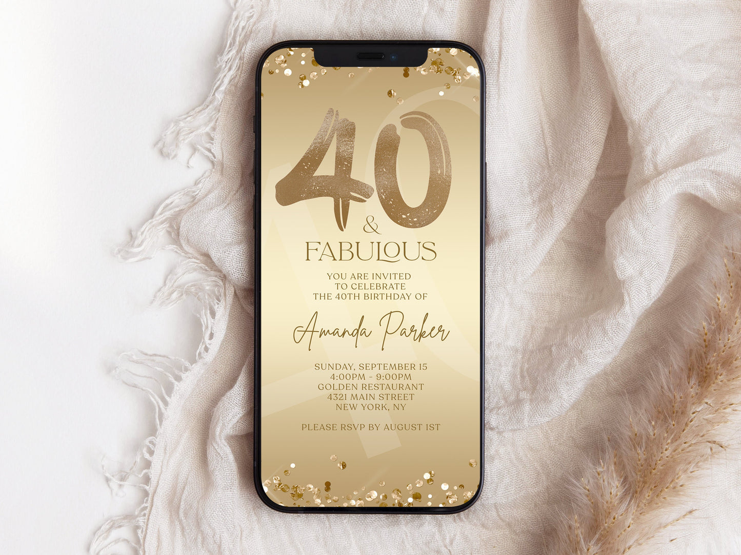 Digital 40th Birthday Dinner Party Invite - Editable Gold Evite