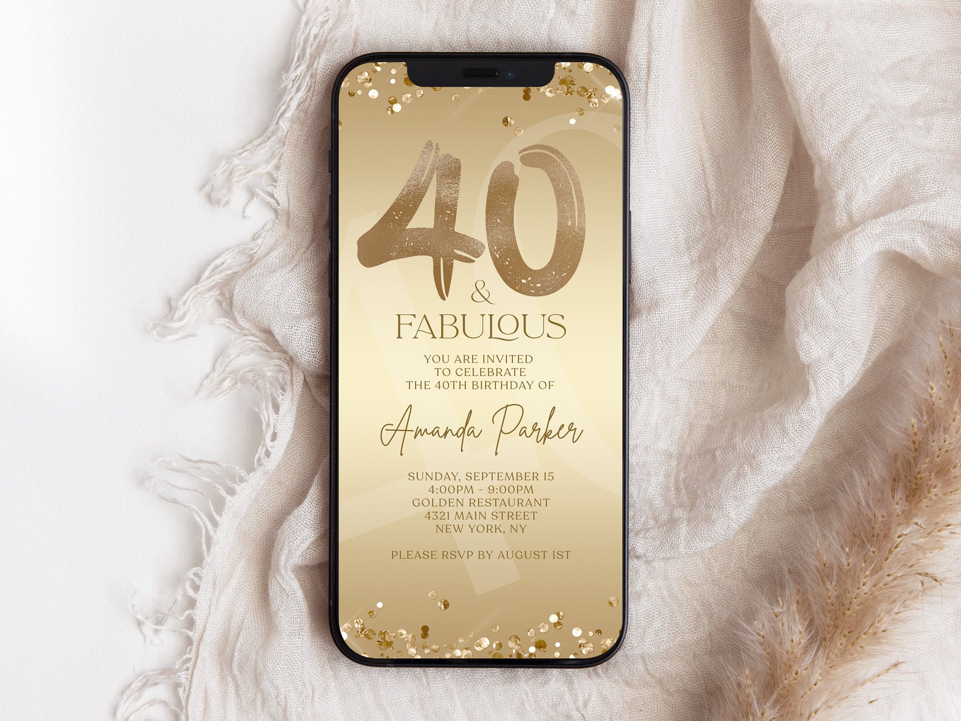 Digital 40th Birthday Dinner Party Invite - Editable Gold Evite