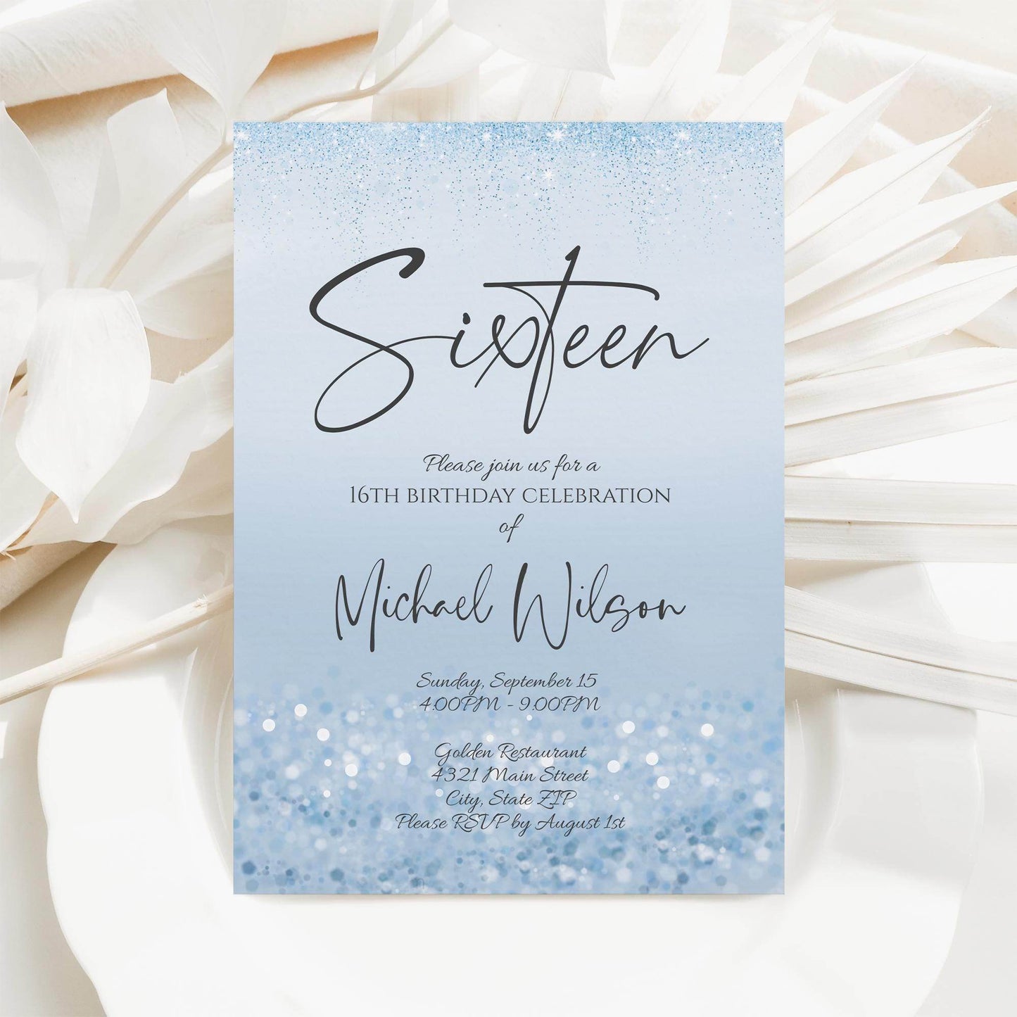 Blue 16th Birthday Invitation Template – Editable Boy Sixteen Party Invite | Modern Confetti Design | Printable or Text Message Digital Download