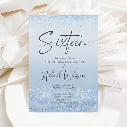 Blue 16th Birthday Invitation Template – Editable Boy Sixteen Party Invite | Modern Confetti Design | Printable or Text Message Digital Download