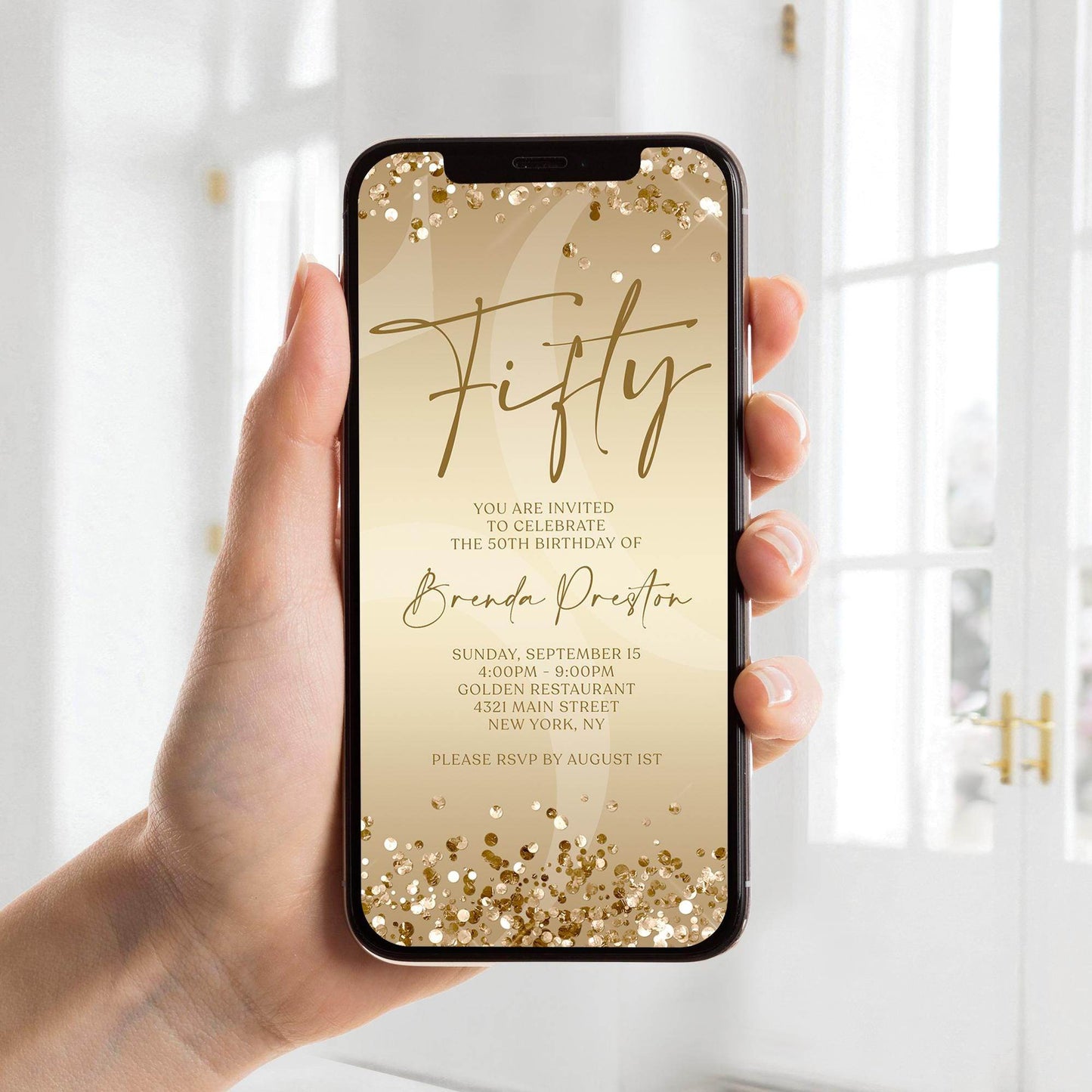 Gold 50th Birthday Invitation Digital Template, Electronic Gold Confetti Birthday Evite, Editable Text Message Phone Invite, Instant Download