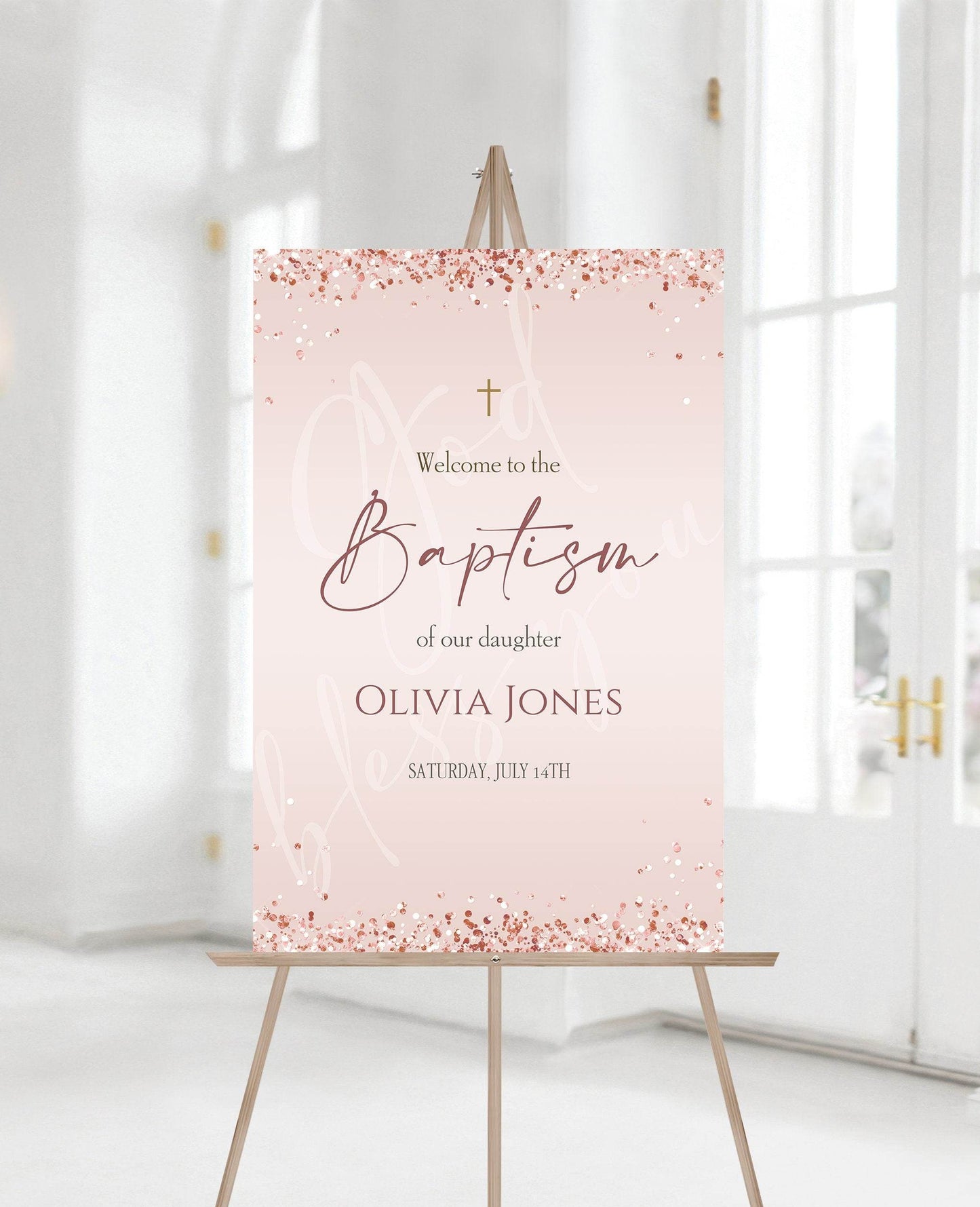 Baptism Welcome Sign, Christening Welcome Sign, Printable Welcome Sign, Pink Rose Gold Welcome Sign, Baptism Poster, Digital Template 24x36