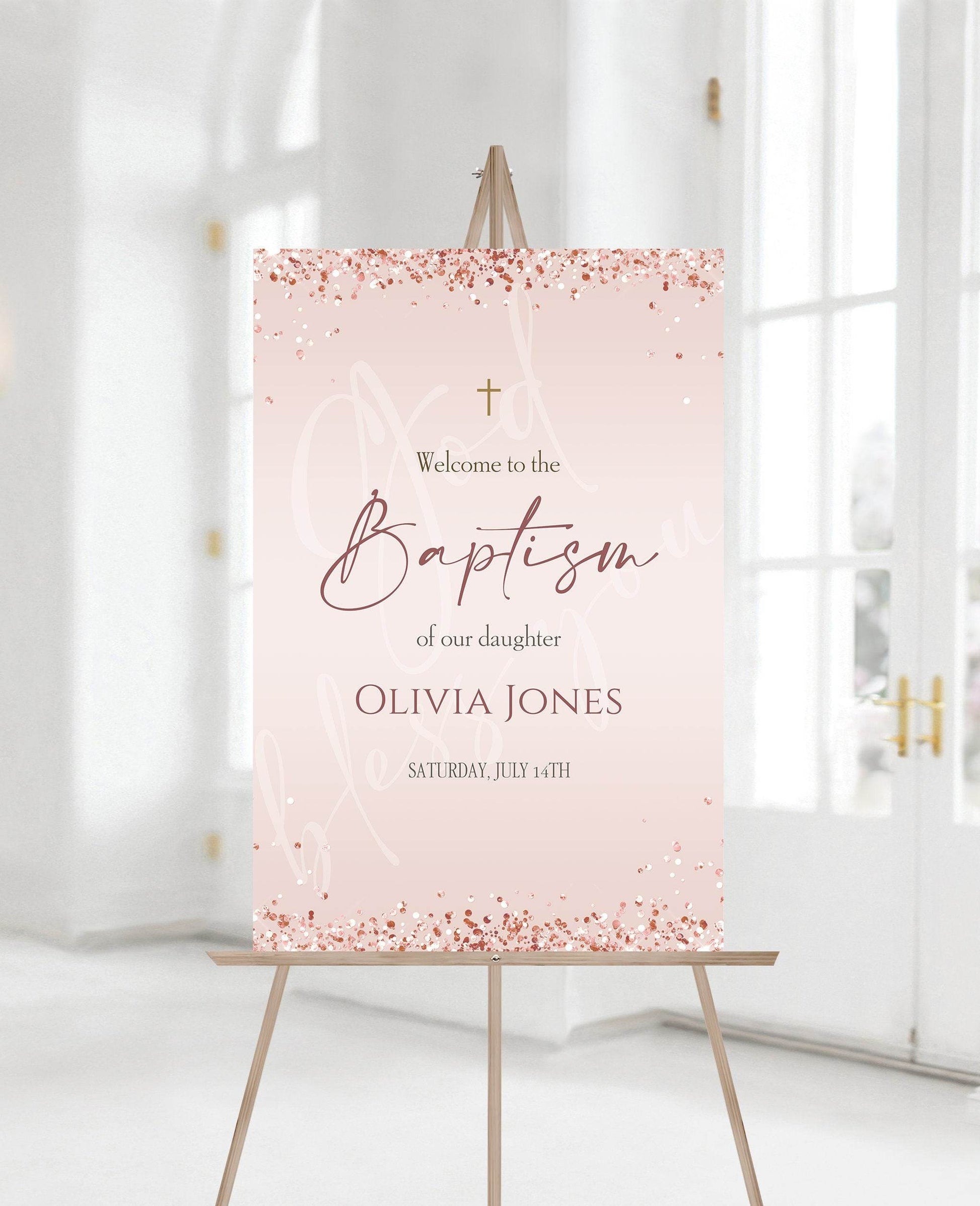 Baptism Welcome Sign, Christening Welcome Sign, Printable Welcome Sign, Pink Rose Gold Welcome Sign, Baptism Poster, Digital Template 24x36