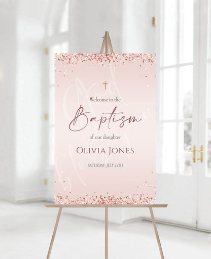 Baptism Welcome Sign, Christening Welcome Sign, Printable Welcome Sign, Pink Rose Gold Welcome Sign, Baptism Poster, Digital Template 24x36