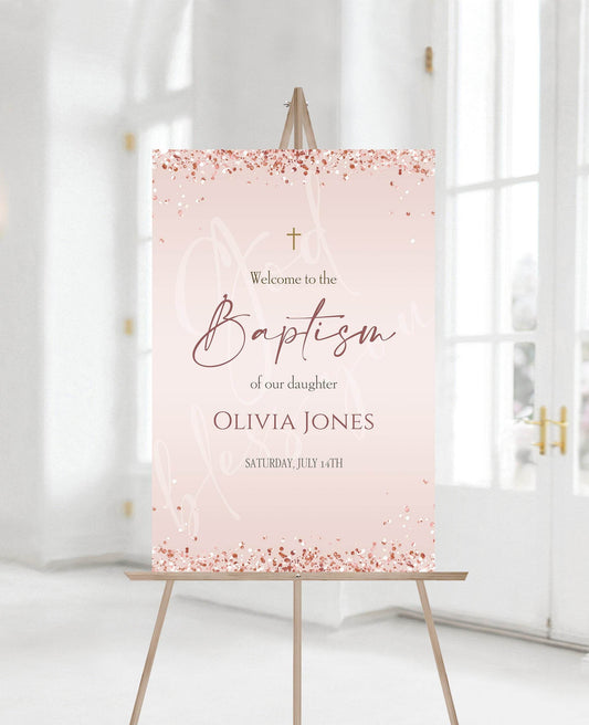 Baptism Welcome Sign, Christening Welcome Sign, Printable Welcome Sign, Pink Rose Gold Welcome Sign, Baptism Poster, Digital Template 24x36