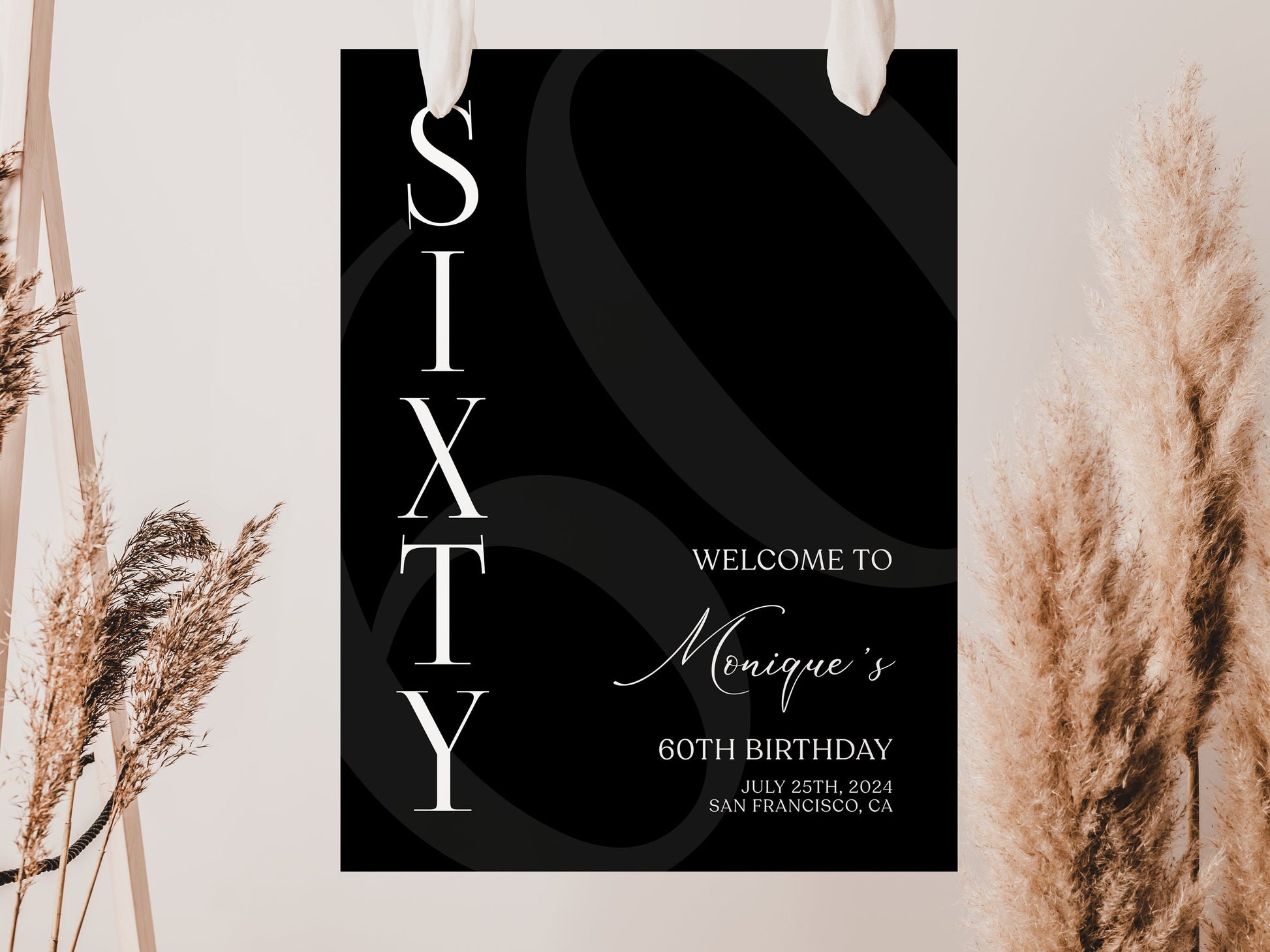 Simple Black 60th Sixty Birthday Welcome Sign Template, Printable Minimalist Birthday Welcome Sign, Editable Welcome Poster, Birthday Decor