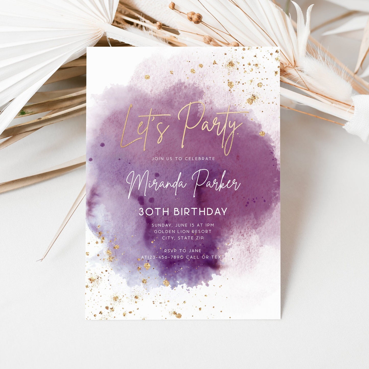 Let’s Party Purple and Gold Birthday Invitation | Editable Ladies Celebration Template | Printable Digital Party Invite | Gold Foil Text Message Evite