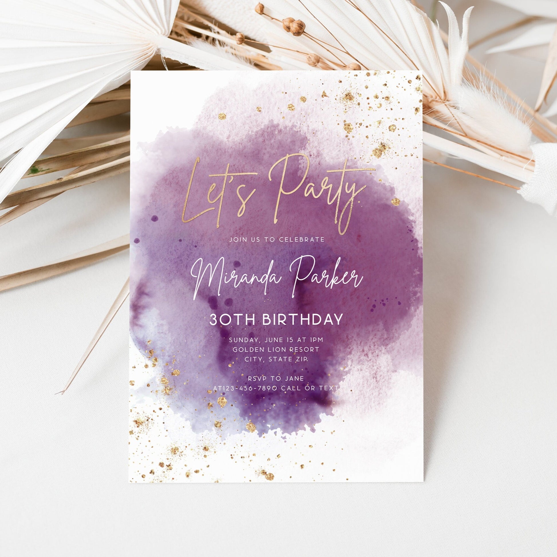 Let’s Party Purple and Gold Birthday Invitation | Editable Ladies Celebration Template | Printable Digital Party Invite | Gold Foil Text Message Evite