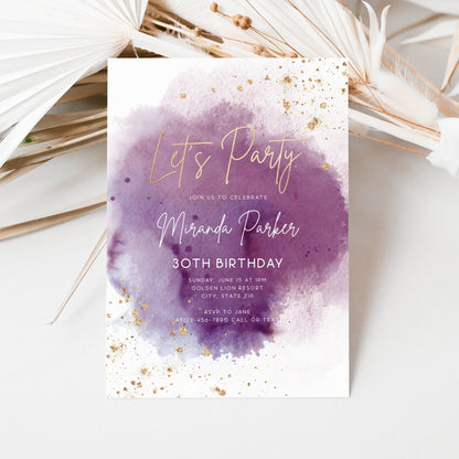 Let’s Party Purple and Gold Birthday Invitation | Editable Ladies Celebration Template | Printable Digital Party Invite | Gold Foil Text Message Evite