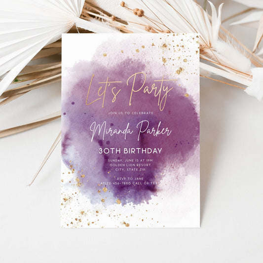 Let’s Party Purple and Gold Birthday Invitation | Editable Ladies Celebration Template | Printable Digital Party Invite | Gold Foil Text Message Evite