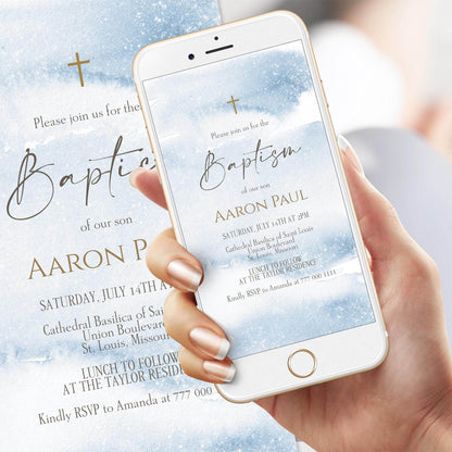 Boy Baptism Invitation, Blue Watercolor Digital Invite, Editable Baptism Text Message Evite, Printable Christian Invitation, Instant Download