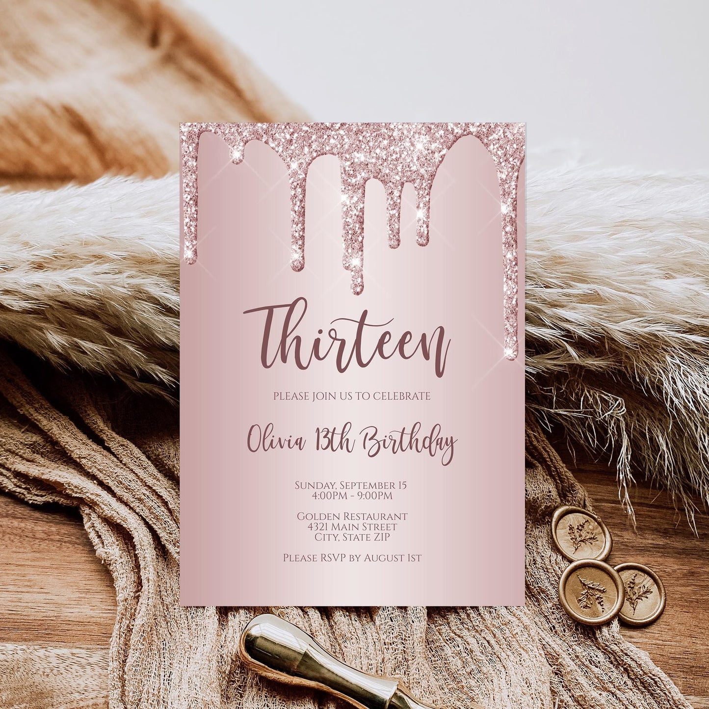 13th Birthday Invitation - Rose Gold Thirteen Invite Glitter Design | Instant Download
