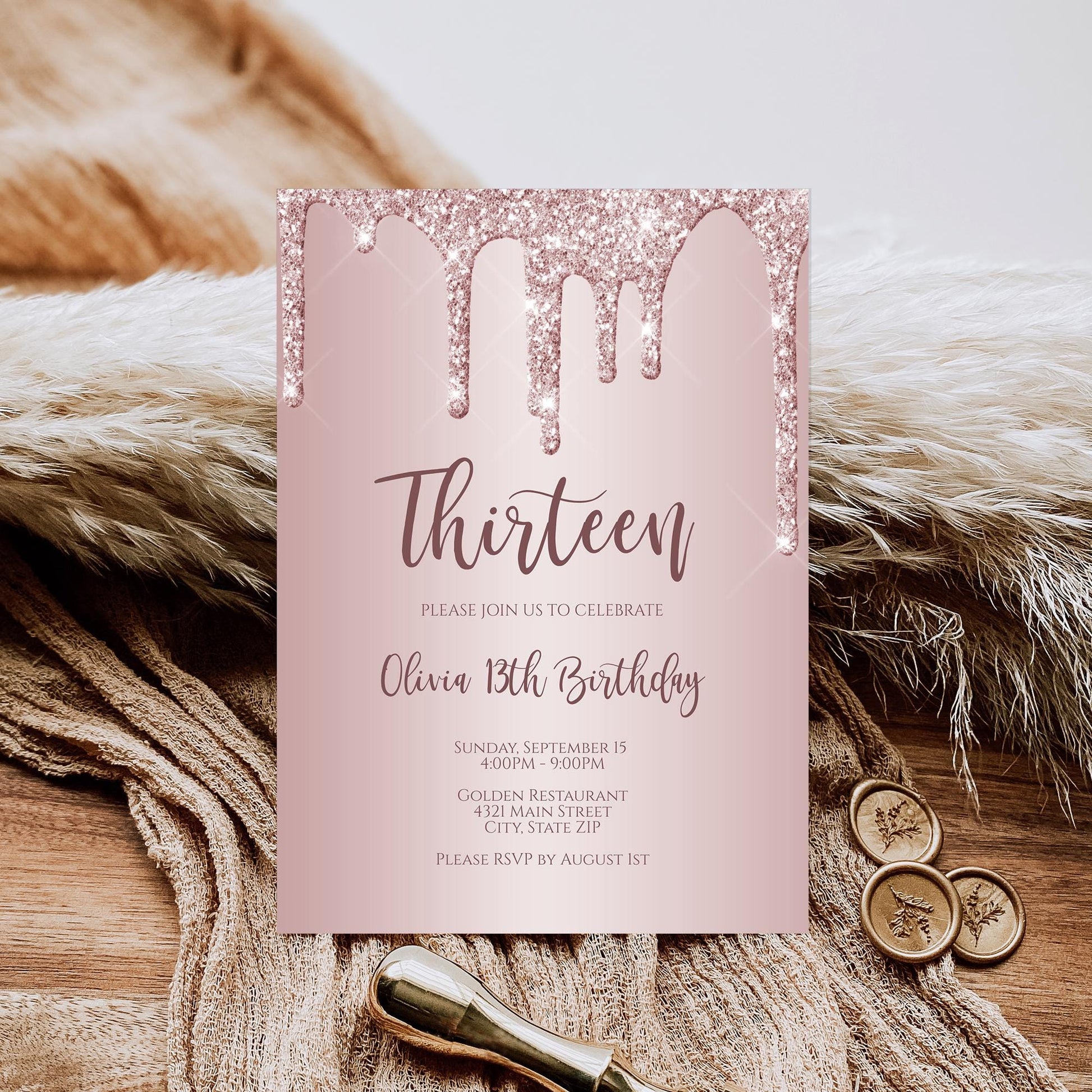 13th Birthday Invitation - Rose Gold Thirteen Invite Glitter Design | Instant Download