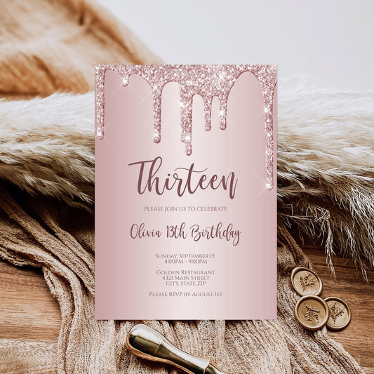 Editable 13th birthday Invitation , Printable Thirteen Rose Gold Glitter Invite, Digital Template, Girl Party Invitation, Instant Download