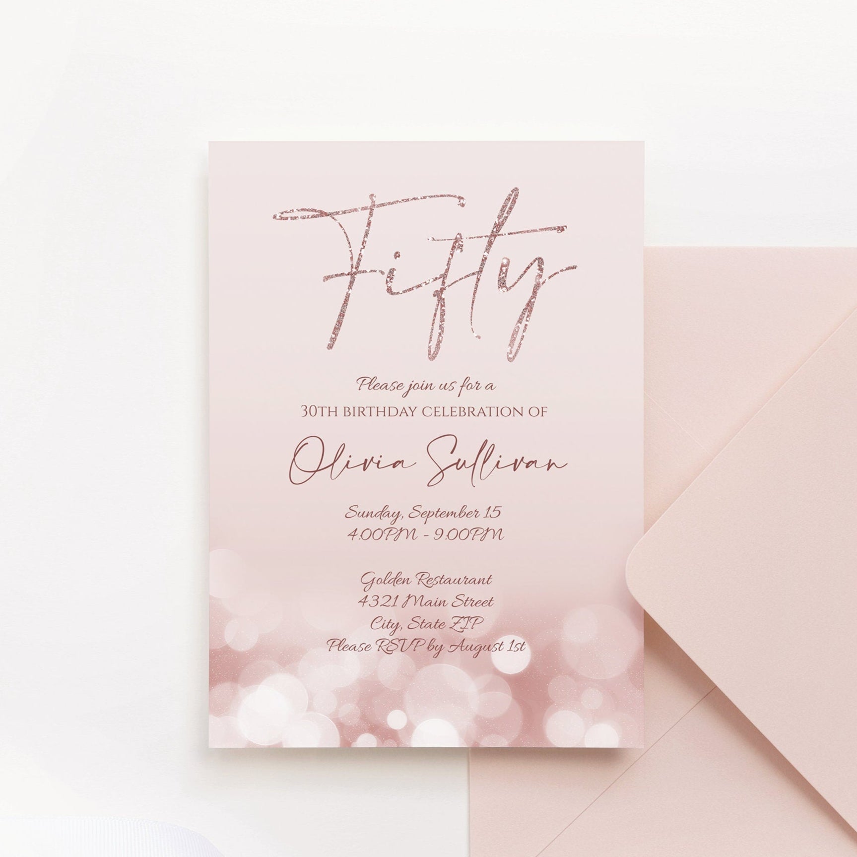 Rose Gold 50th Birthday Invitation Template | Editable | Instant Download