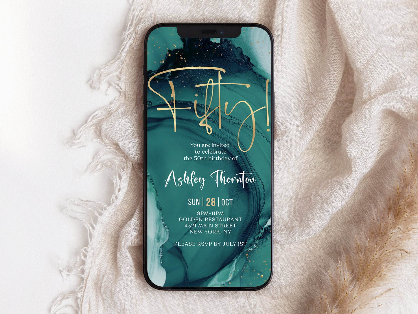 Teal Gold 50th Birthday Invitation Template, Editable Digital Evite for Any Gender, Text Message eCard, Self-Edit Instant Download