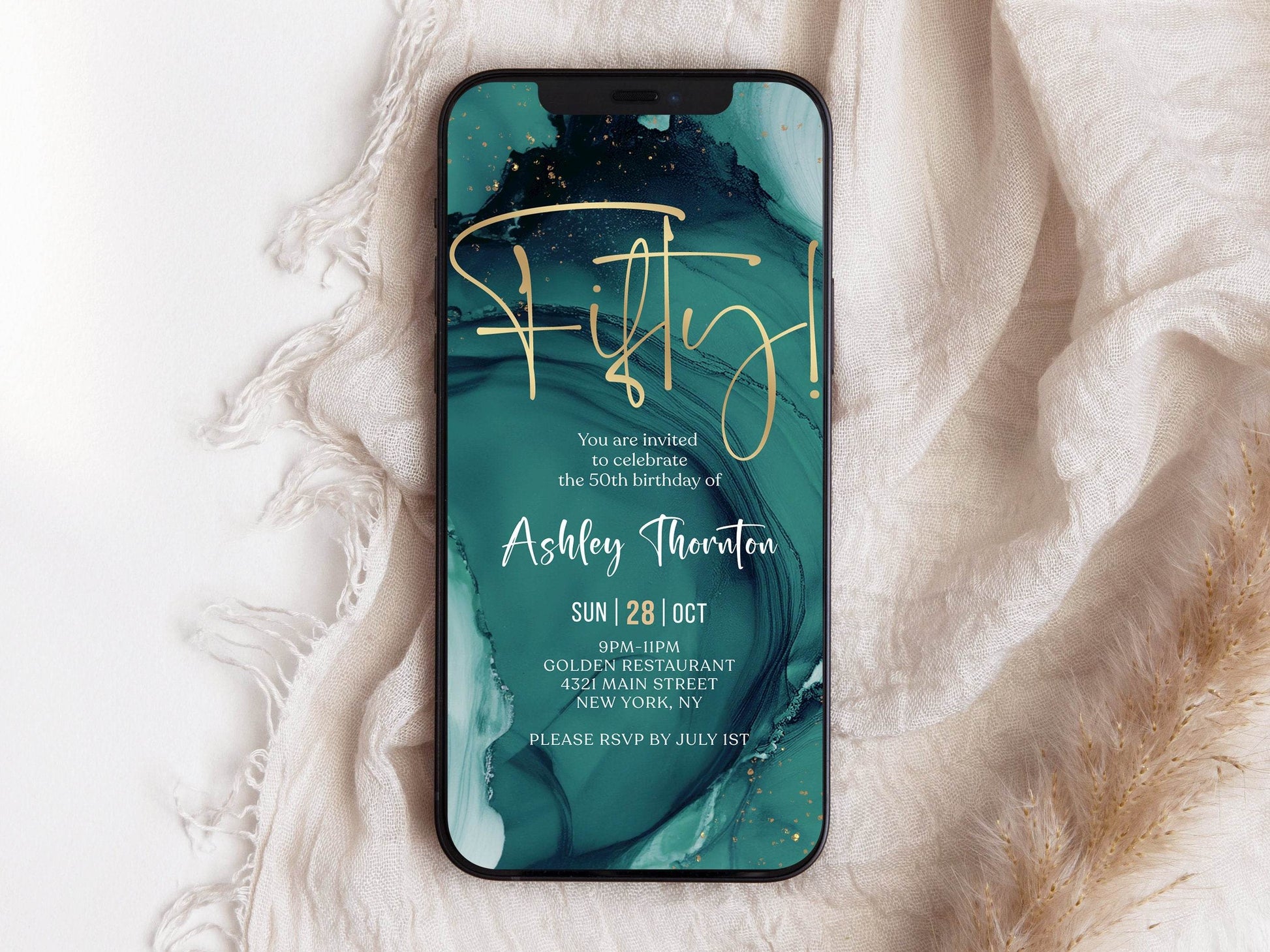 Teal Gold 50th Birthday Invitation Template, Editable Digital Evite for Any Gender, Text Message eCard, Self-Edit Instant Download