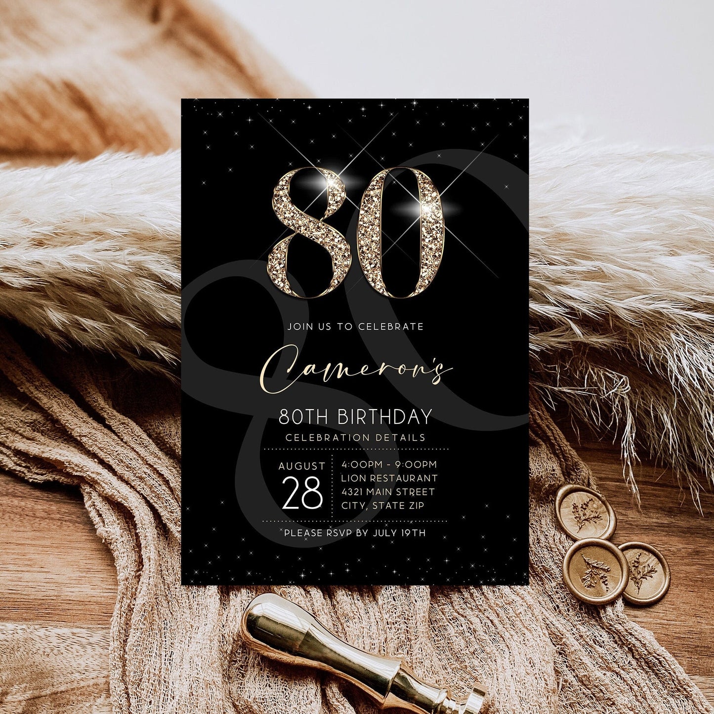 Black Gold Luxury 80th Eighty Birthday Invitation Template, Printable Men's Invite, Editable Invitation, Elegant Invite, Email Text Message