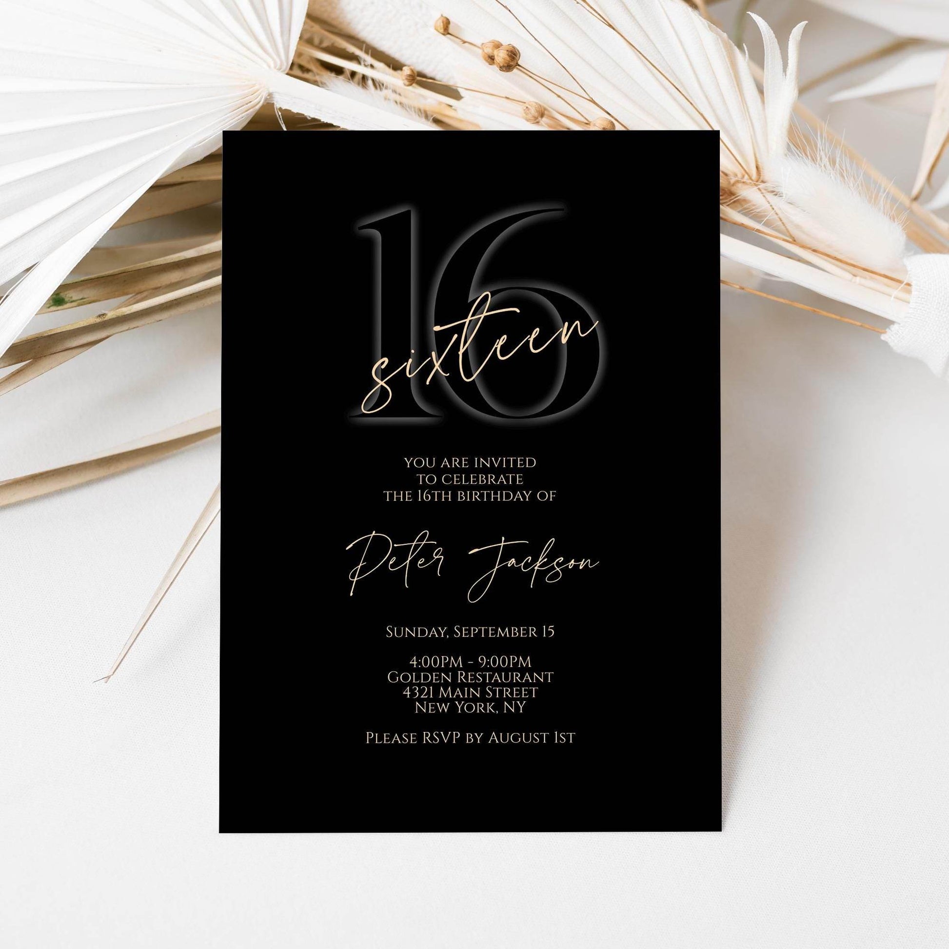 Black 16th Birthday Invitation for Boy, Elegant Printable Sixteen Invite, Editable Template, Text Message Evite, Instant Download