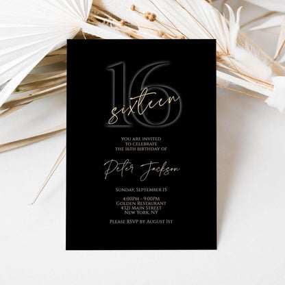 Black 16th Birthday Invitation for Boy, Elegant Printable Sixteen Invite, Editable Template, Text Message Evite, Instant Download
